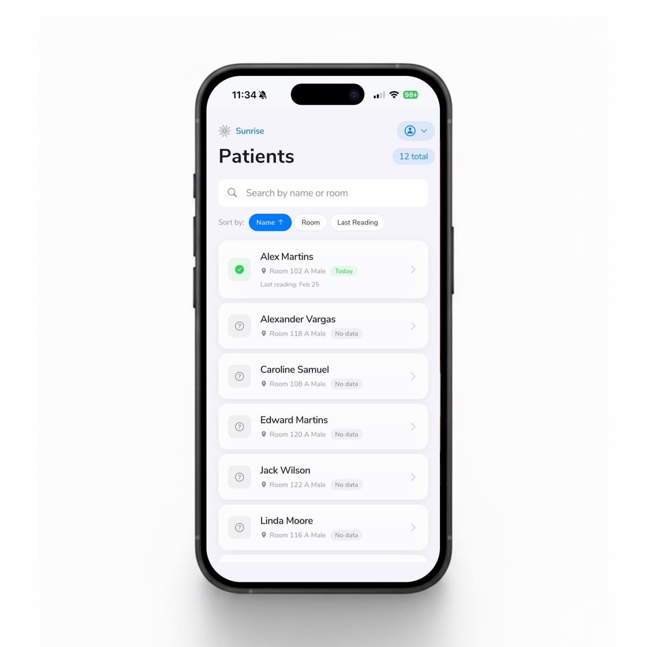 The Patients screen showing the facility name and switcher at the top, a searchable list of residents, sort options, and status badges.