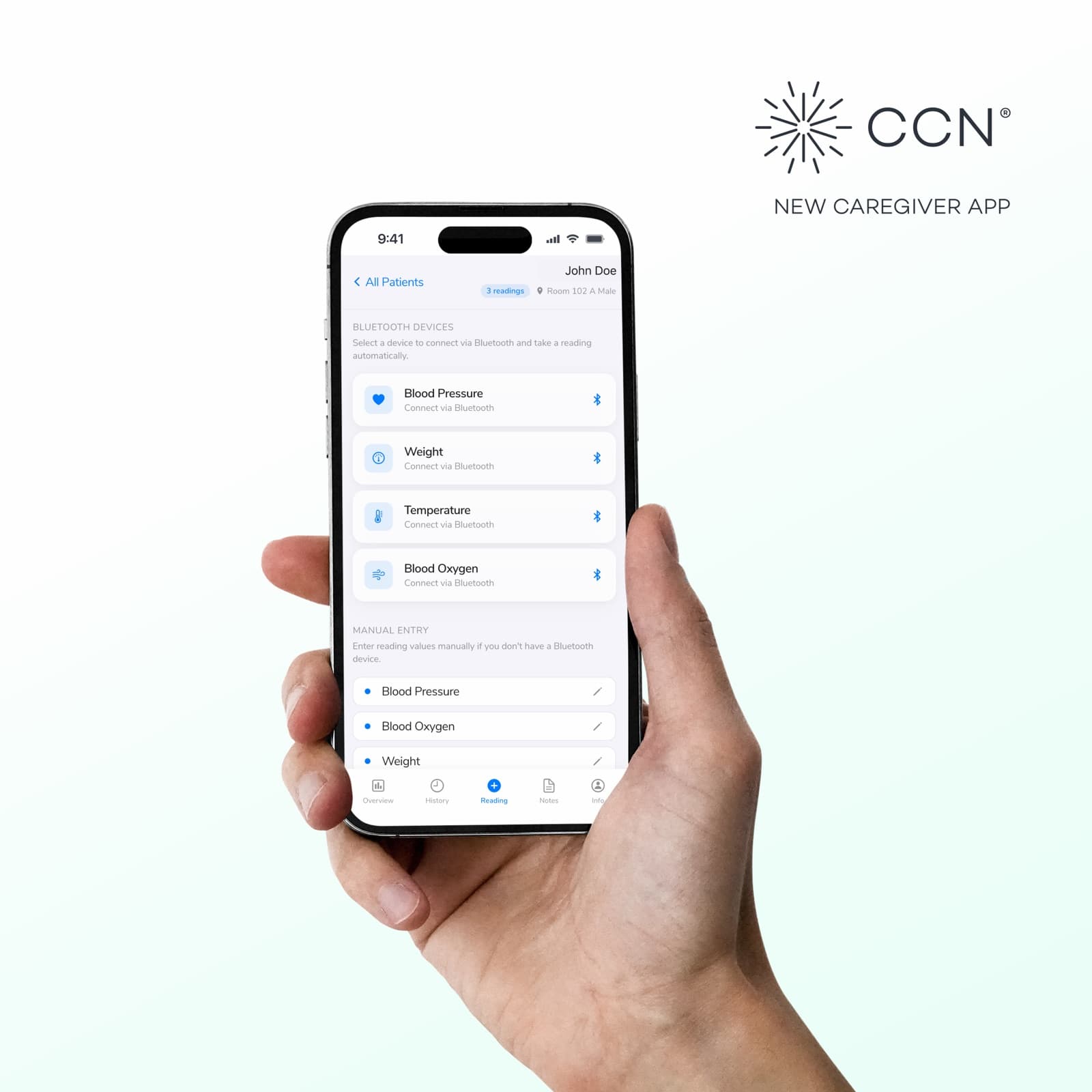 A caregiver holds a phone showing the CCN Caregiver App reading screen with Bluetooth blood pressure, weight, temperature, and blood oxygen devices