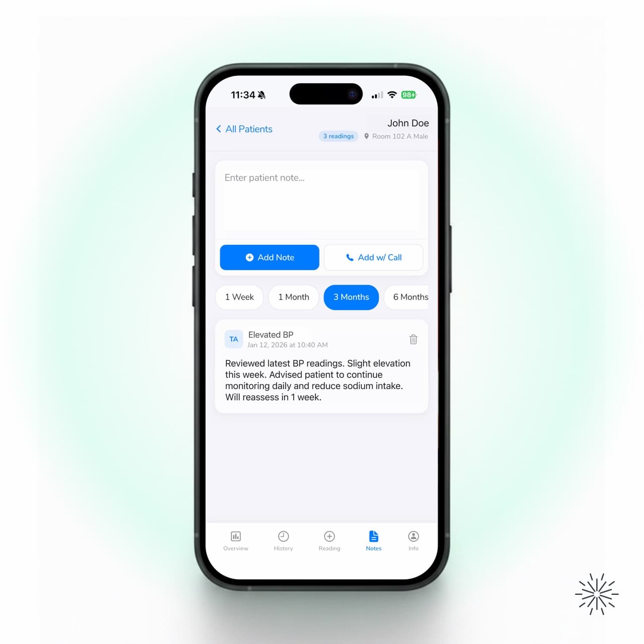 The Notes screen with a composer, Add Note and Add w/ Call buttons, time-period filters, and a sample note.