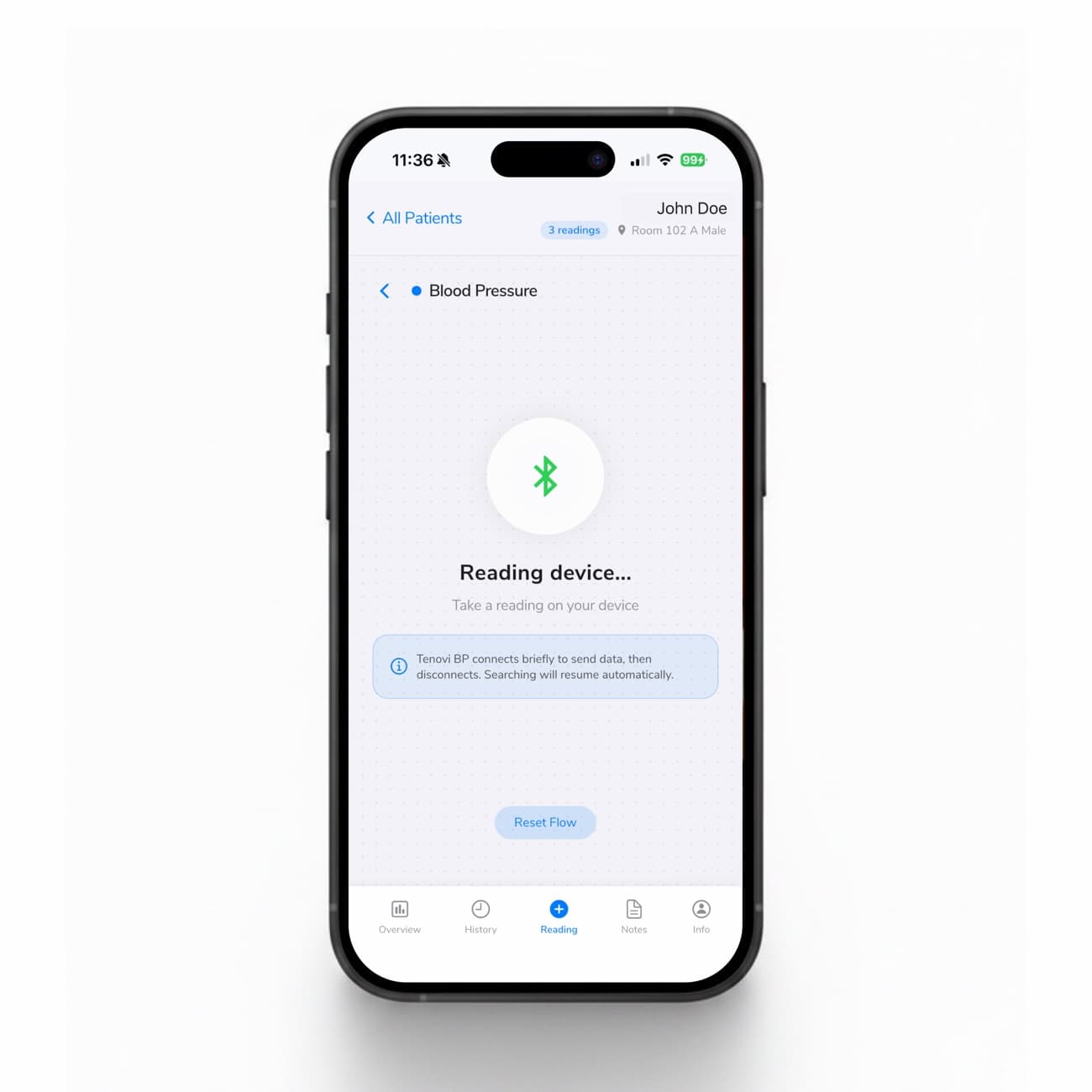 The Reading screen pairing with a Bluetooth blood pressure monitor, with device-specific guidance and a Reset Flow option.