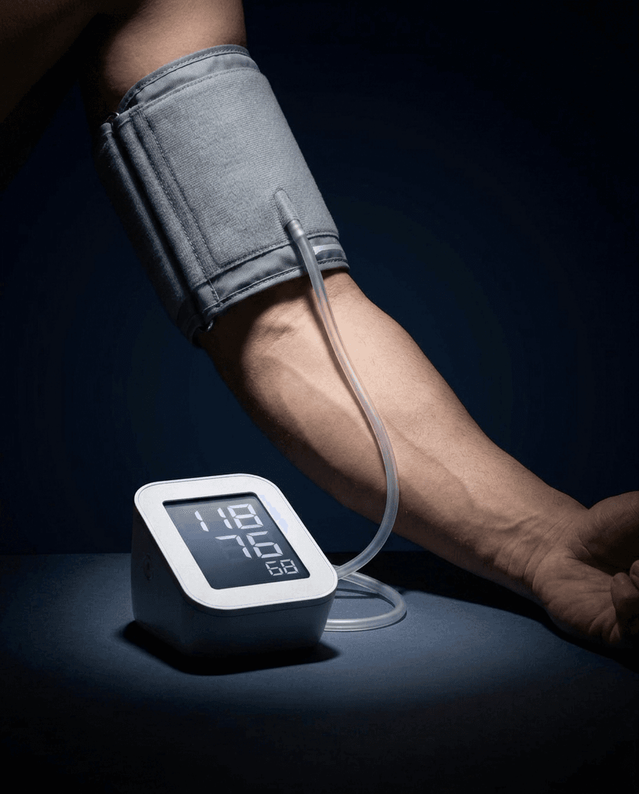 Blood pressure cuff worn on a bare upper arm, softly rim-lit