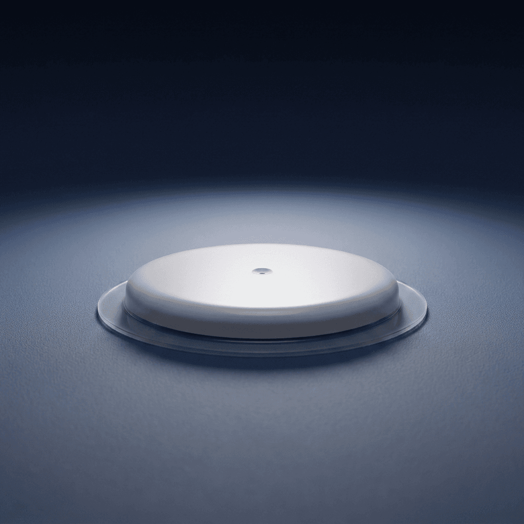 Round white continuous glucose sensor, a smooth low puck, with its one-press applicator standing beside it
