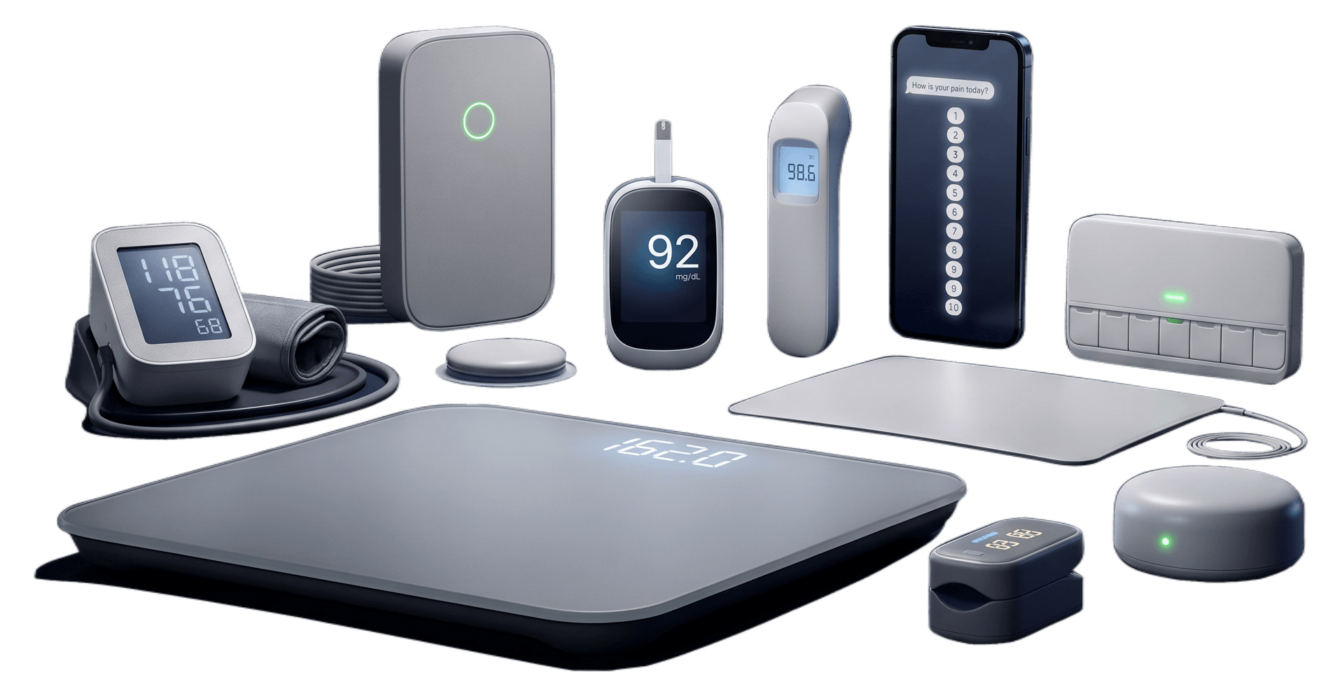 The CCN Health device family: blood pressure monitor, scale, glucose meter, pulse oximeter, thermometer, and more