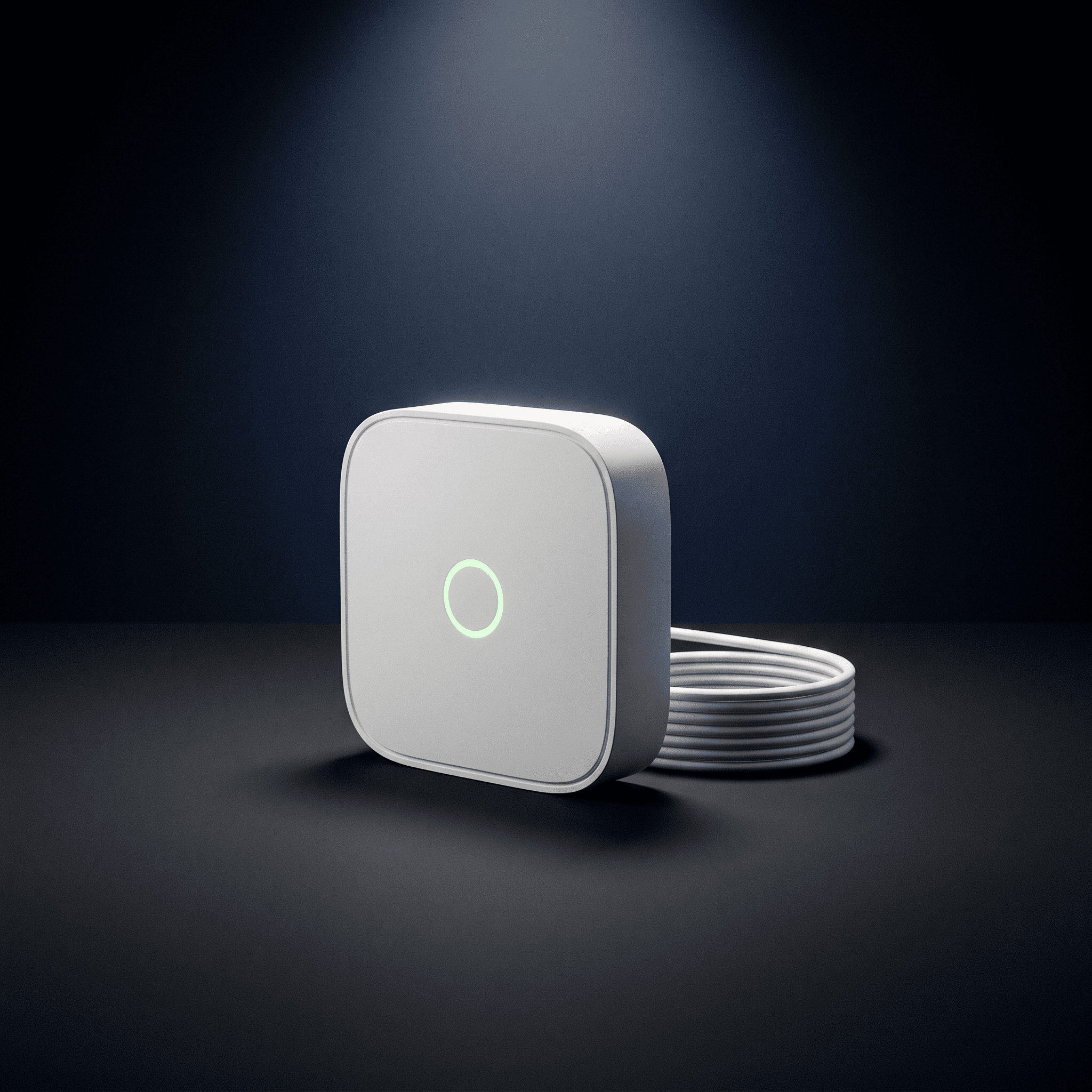 Small white cellular gateway hub with a soft green status ring and its power cable neatly coiled