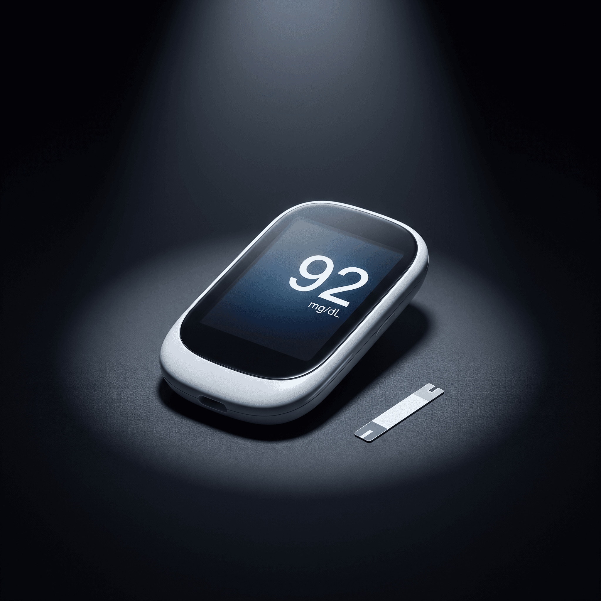 Handheld blood glucose meter reading 92 with a single test strip beside it