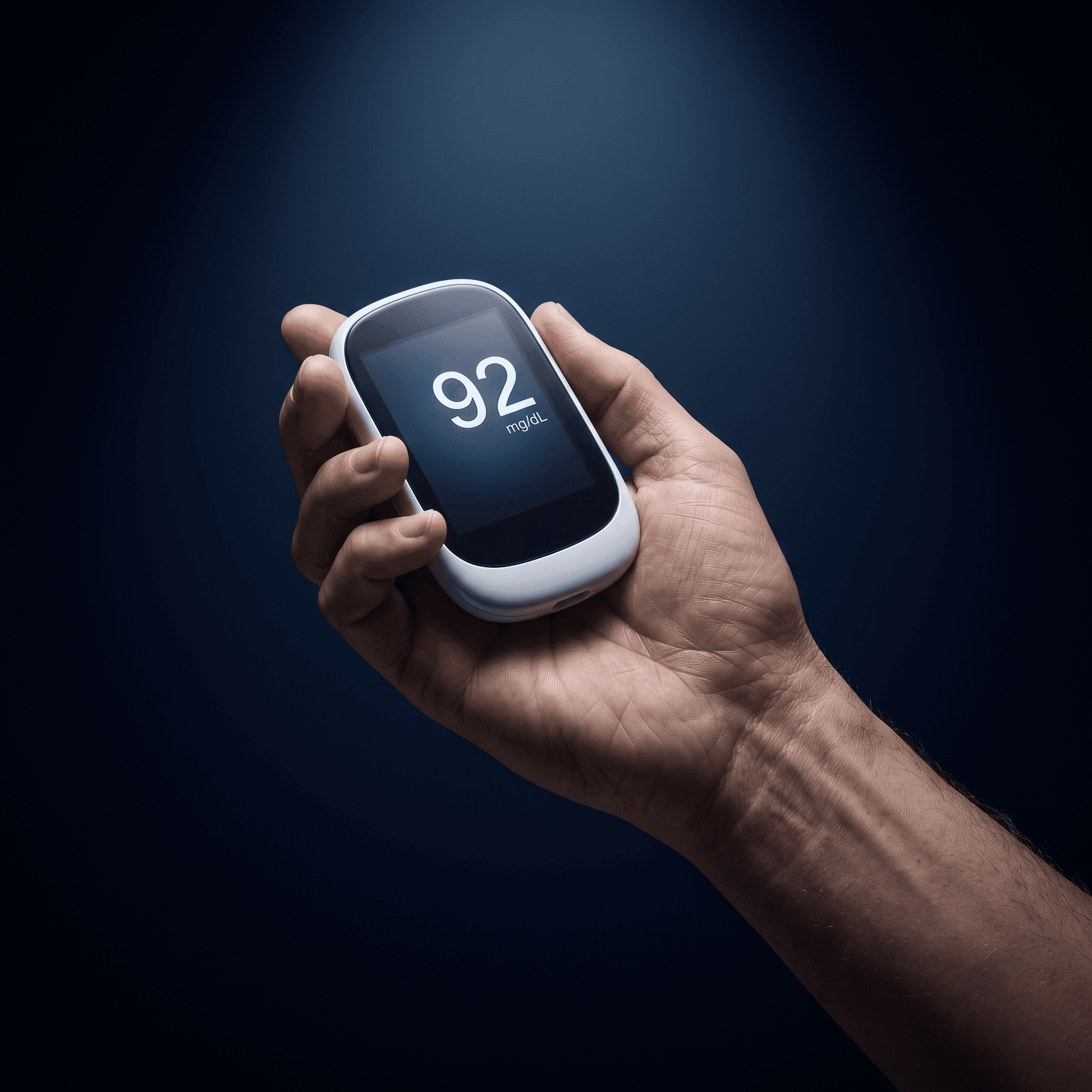 Blood glucose meter held in hand after a check, reading 92