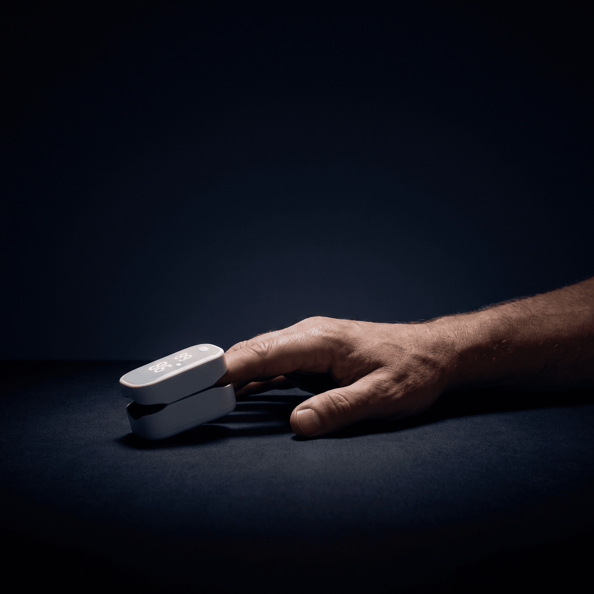Fingertip pulse oximeter clipped on an index finger, hand resting
