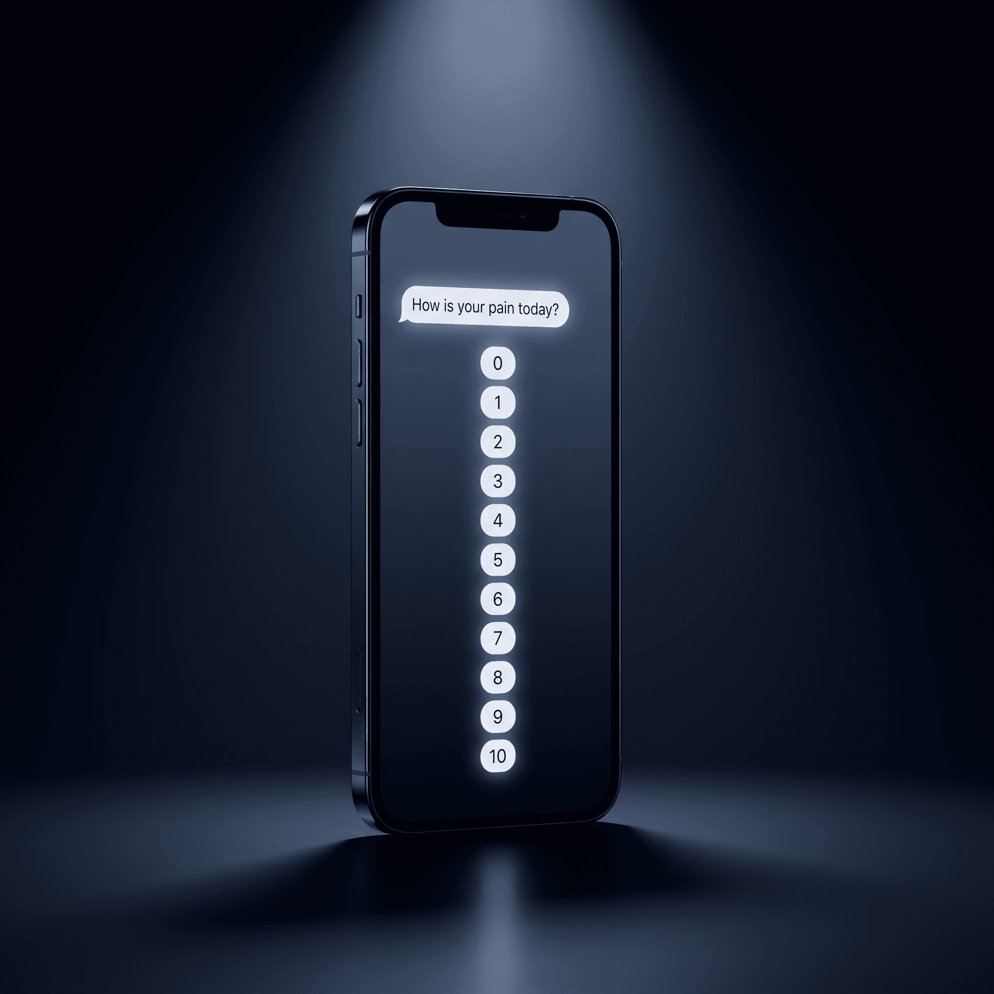 A modern smartphone showing a friendly pain-survey message with a tappable 0-10 pain scale