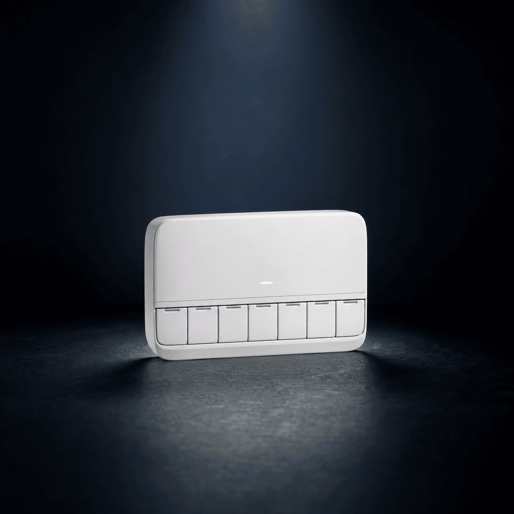 Compact white smart pill dispenser with a week of small compartment doors and a soft green reminder light