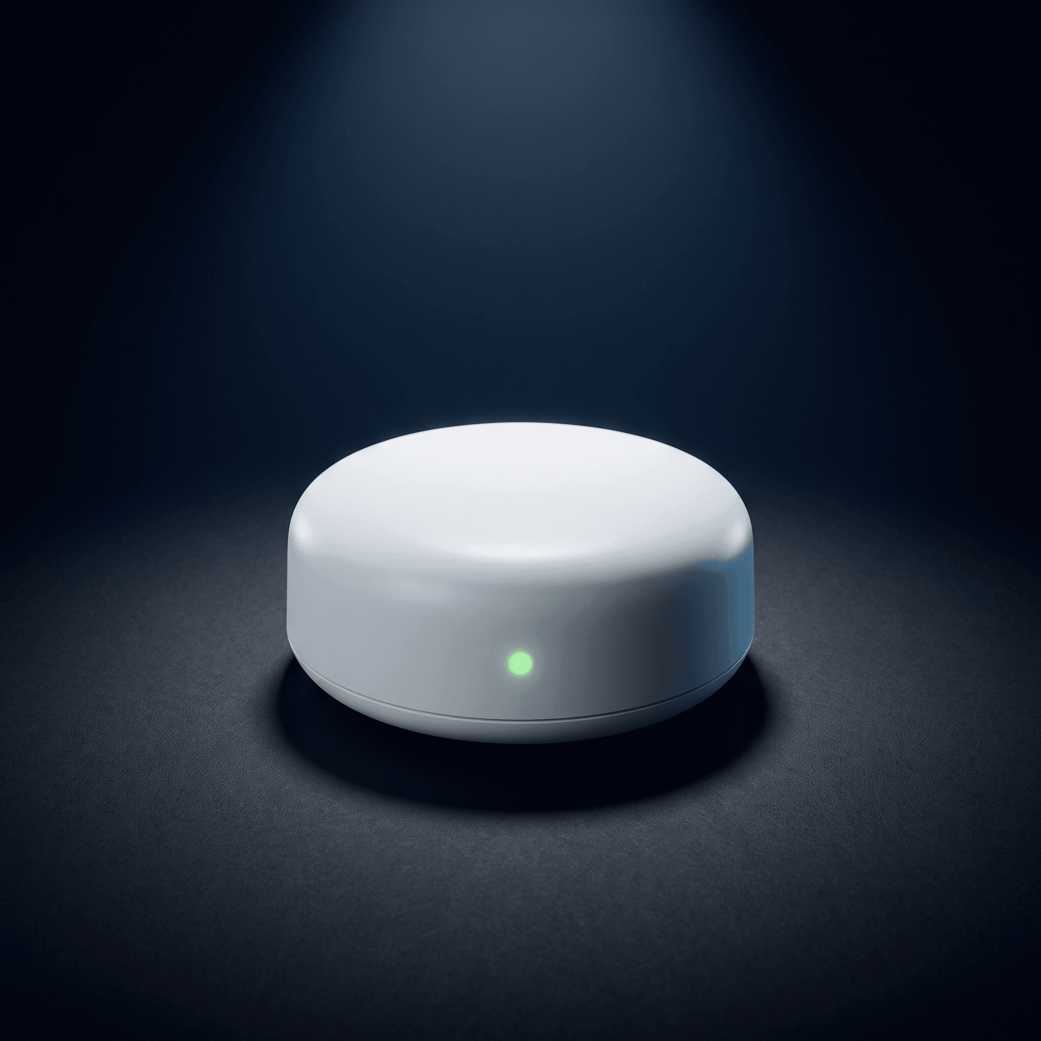 Small white contactless radar monitoring sensor, a smooth wall-mounted puck with a soft green status light