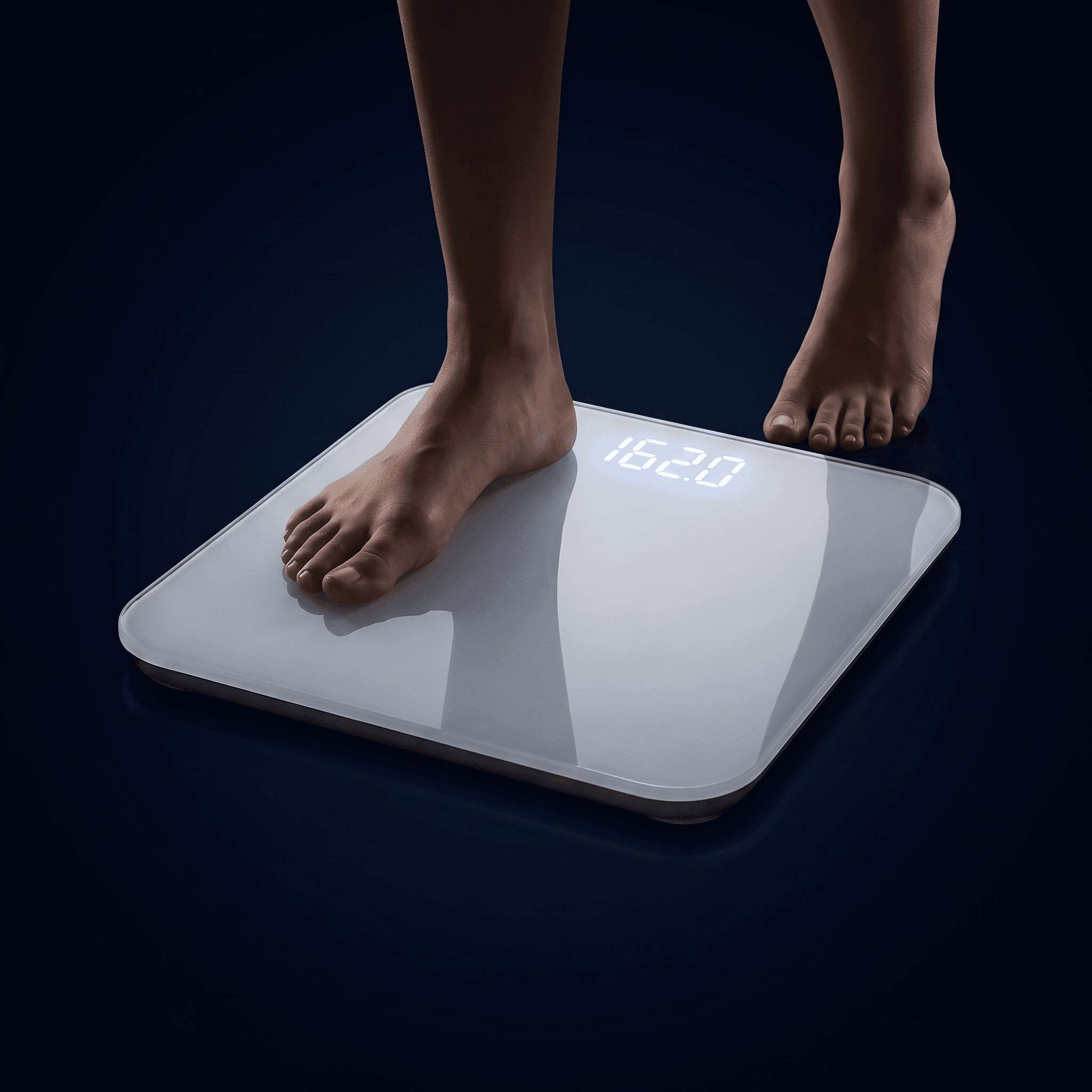 Bare feet stepping onto a flat digital scale