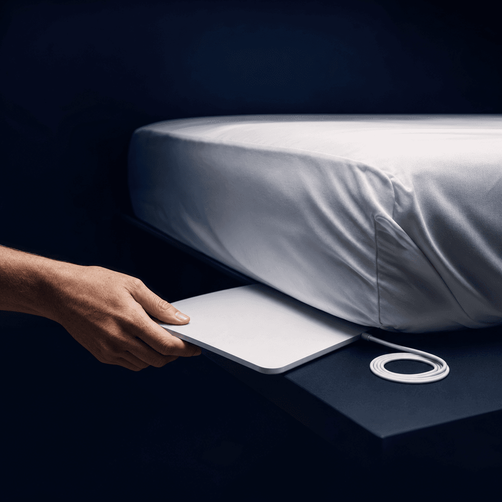 The slim sleep-sensor pad being tucked under a mattress corner