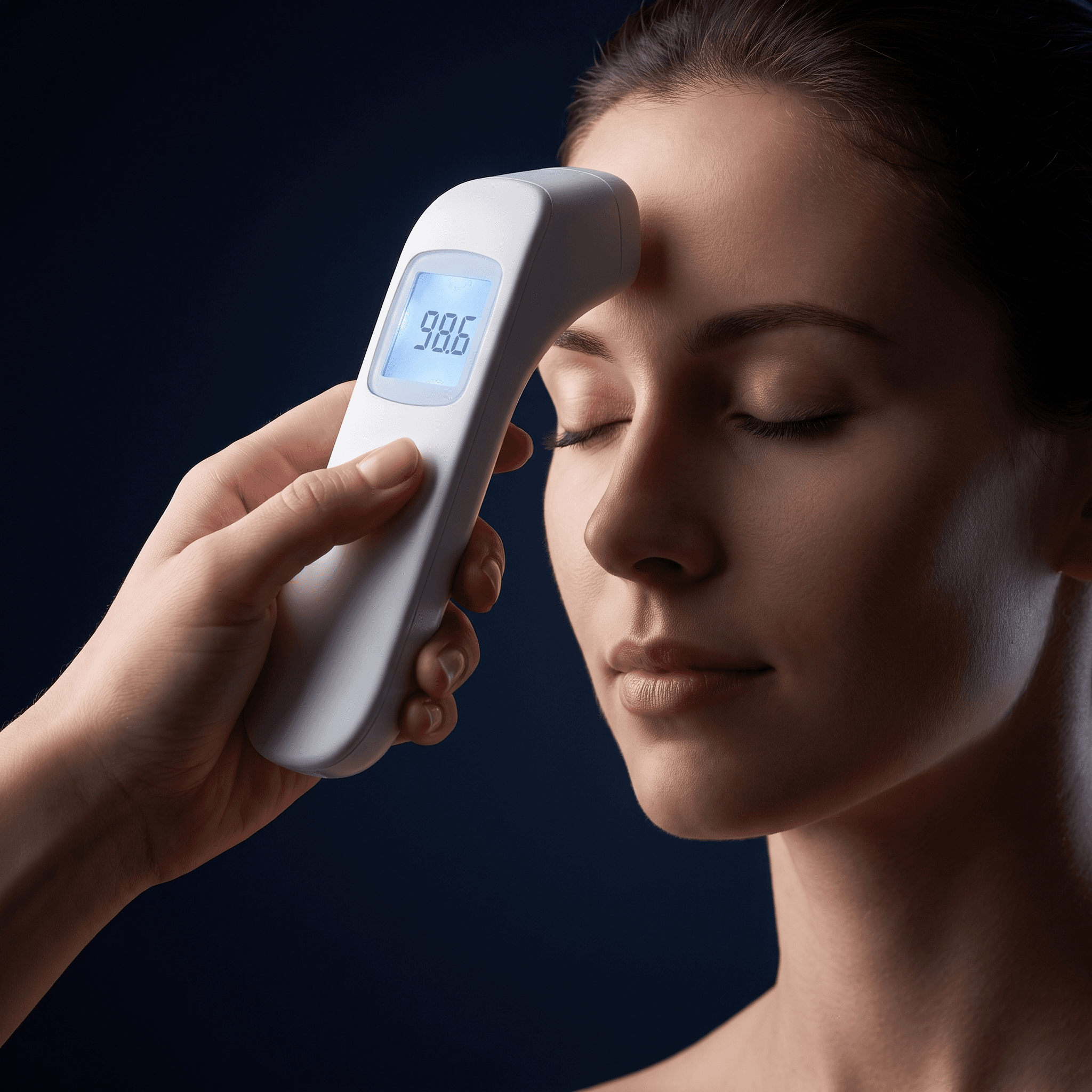 Forehead thermometer held an inch from a forehead, eyes closed calm