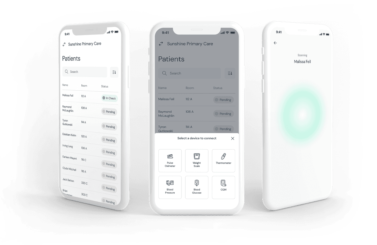 CCN Health mobile app showing patient list, device selection, and Bluetooth scanning