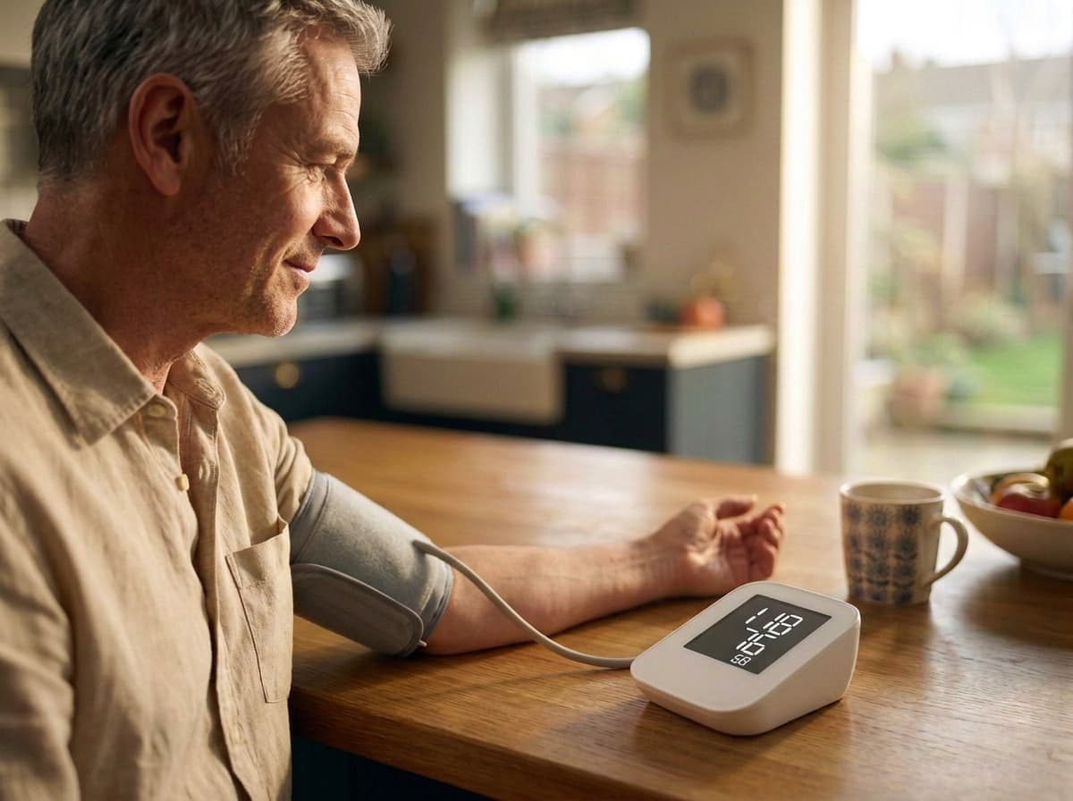 An older patient taking a blood pressure reading with a cellular cuff at his kitchen counter