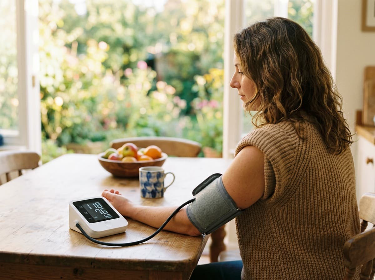 Woman in her late fifties taking a blood pressure reading at a farmhouse table with a garden view