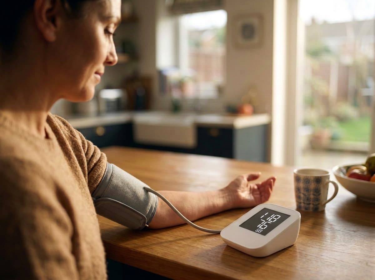 Woman taking a blood pressure reading at her kitchen table in golden morning light