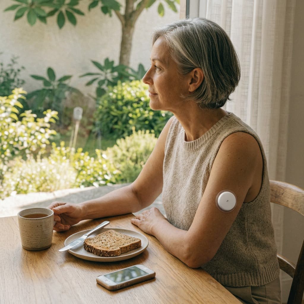 Woman having breakfast while her glucose sensor reads on its own