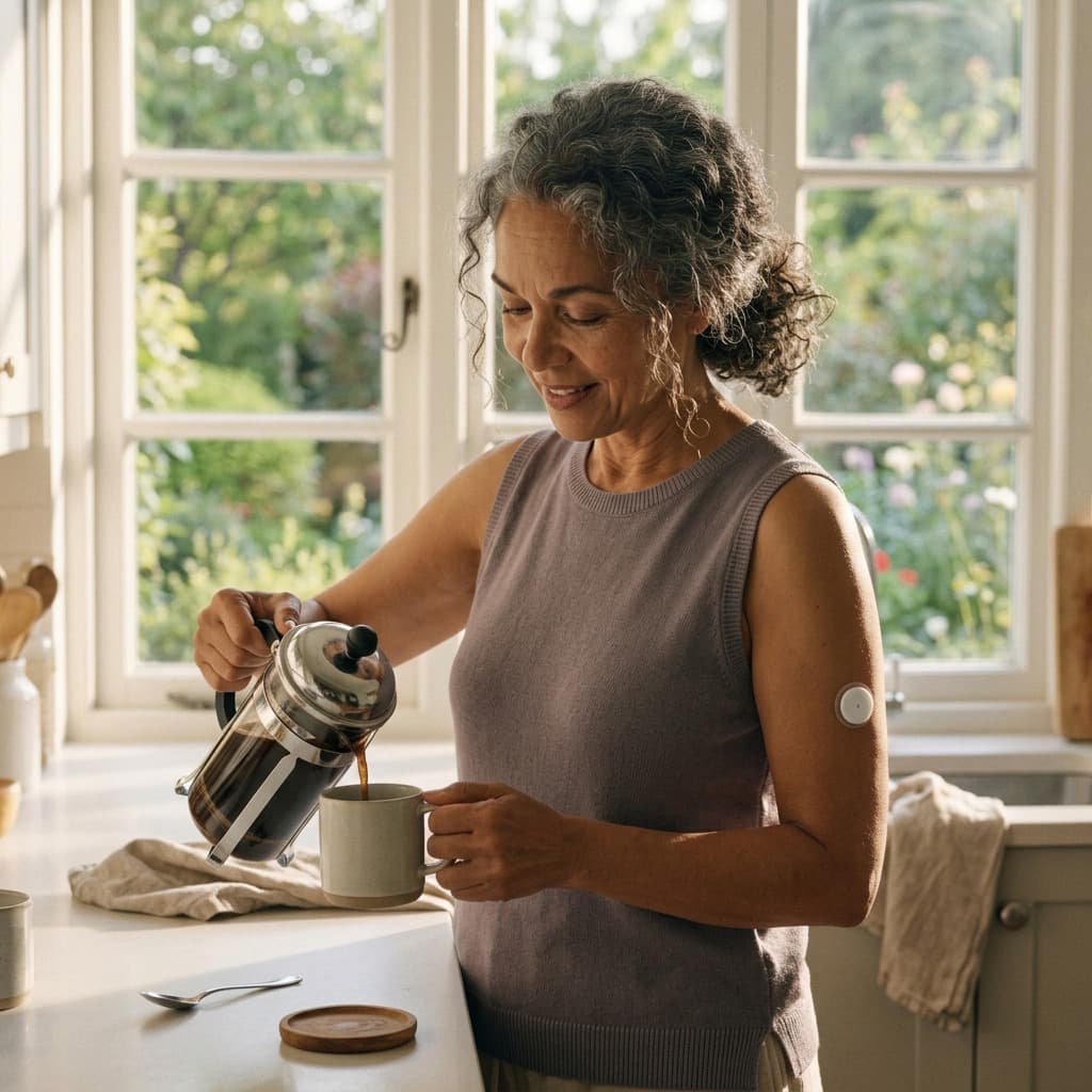 Woman pouring morning coffee with a continuous glucose sensor visible on her upper arm