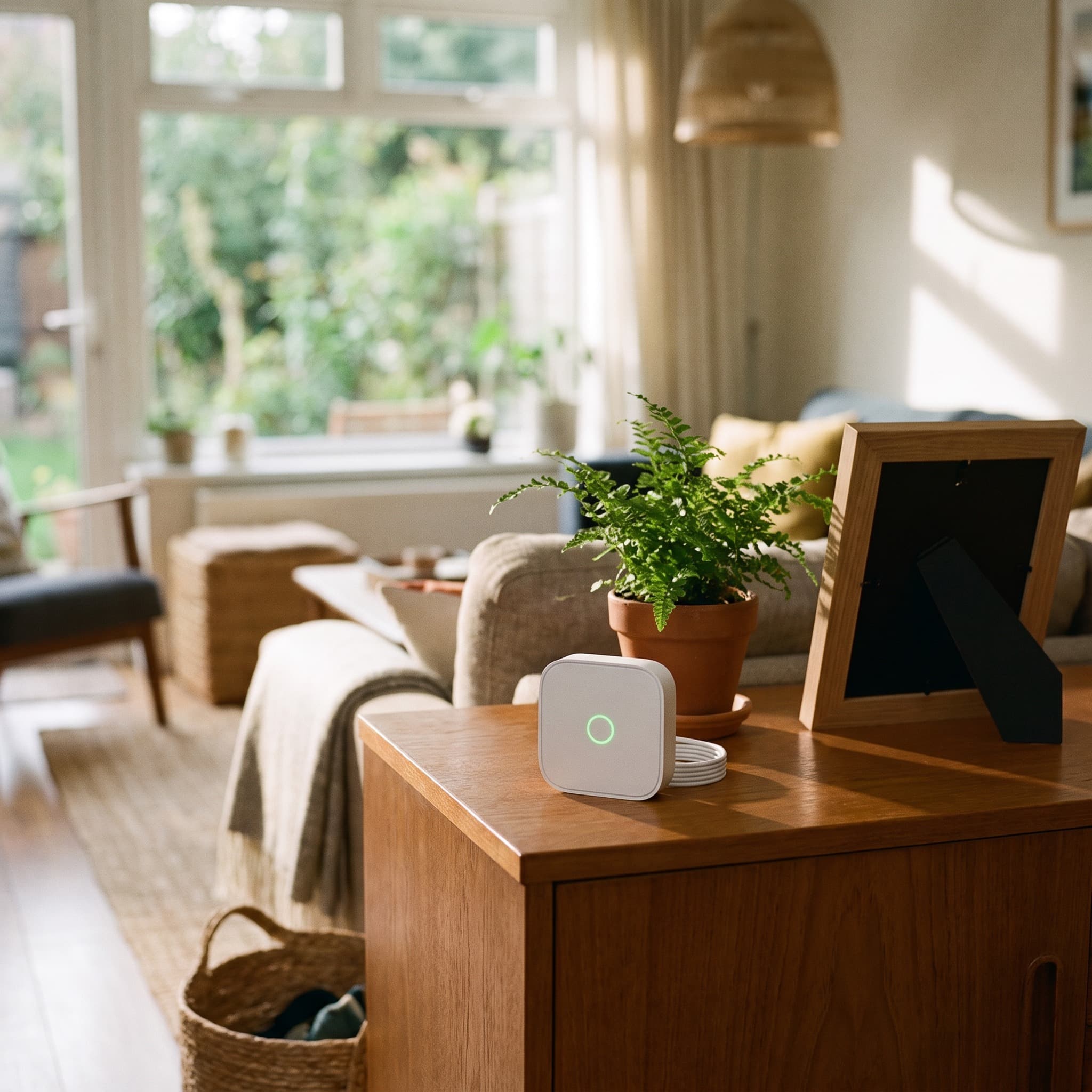 Cellular gateway hub sitting on a sideboard in a warm home