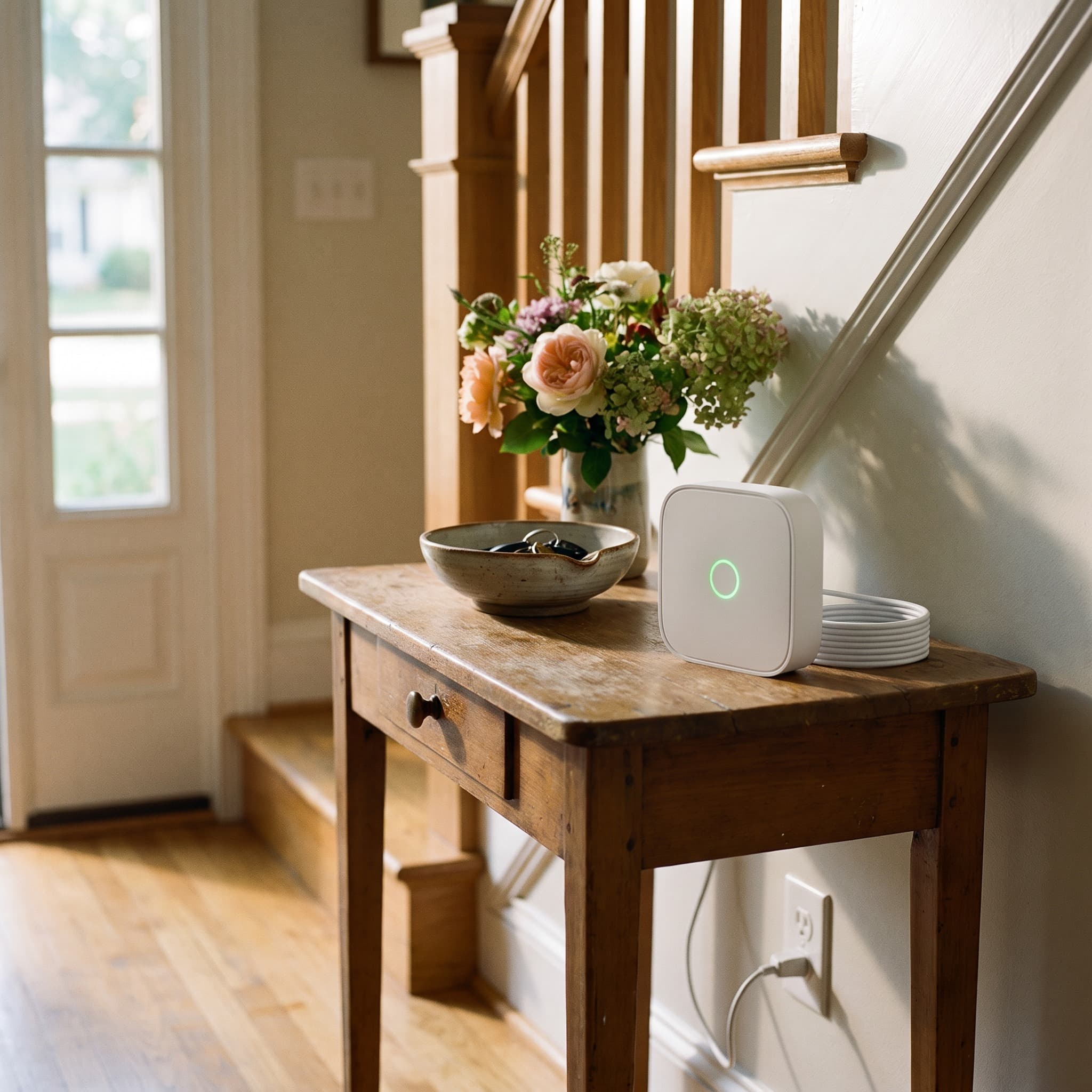 Cellular gateway hub on an entryway table in a warm home