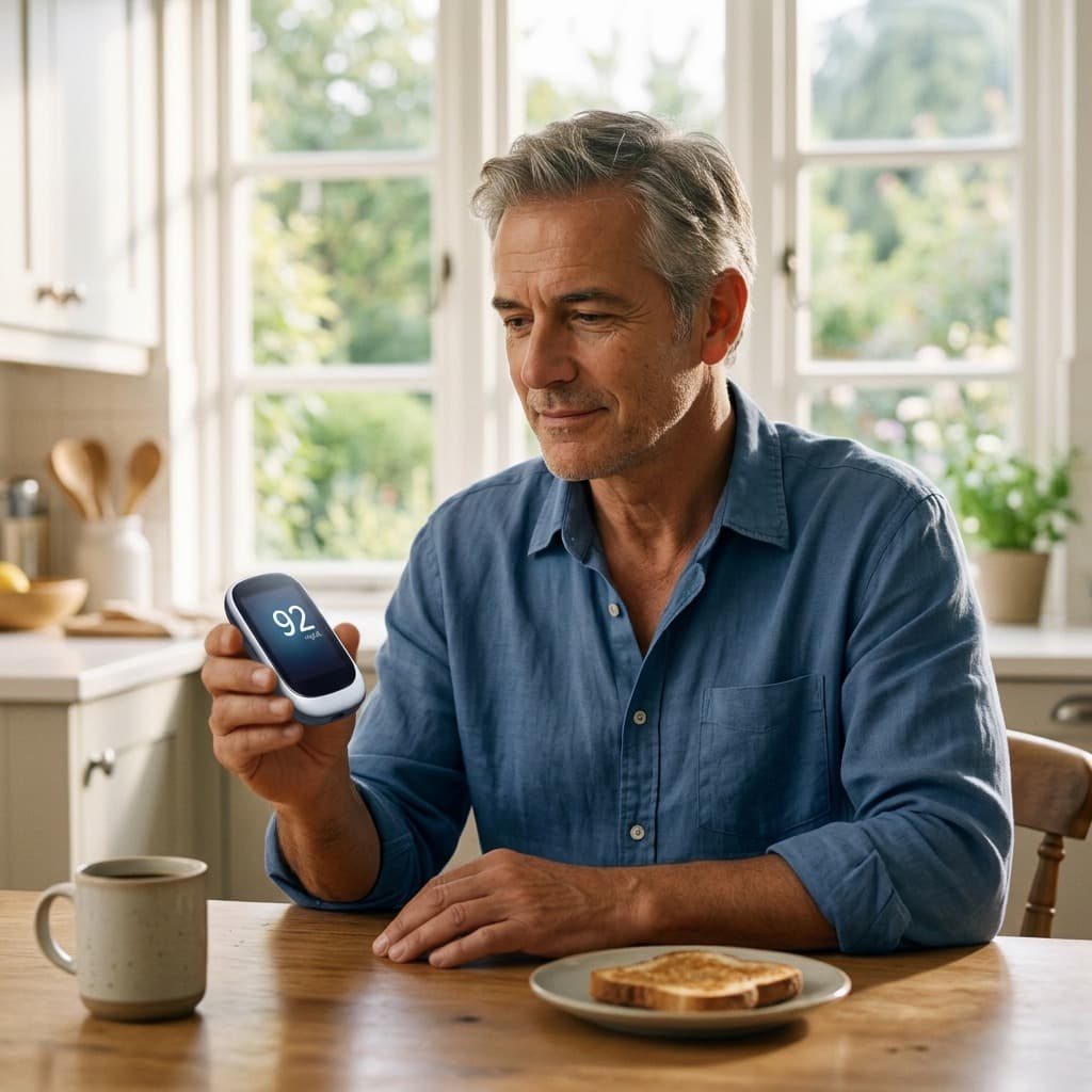 Man testing his blood glucose at a table, relaxed