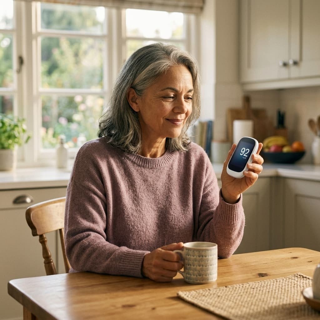 Woman checking her blood glucose at the kitchen table