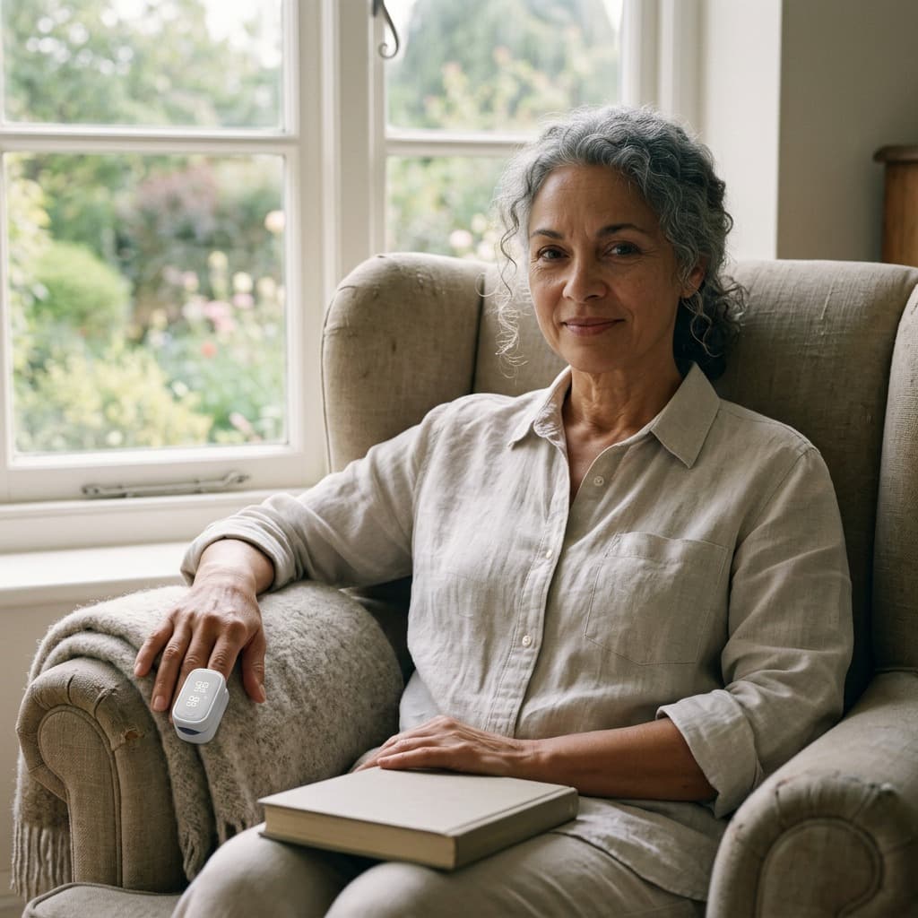 Woman taking a pulse oximeter reading from her armchair