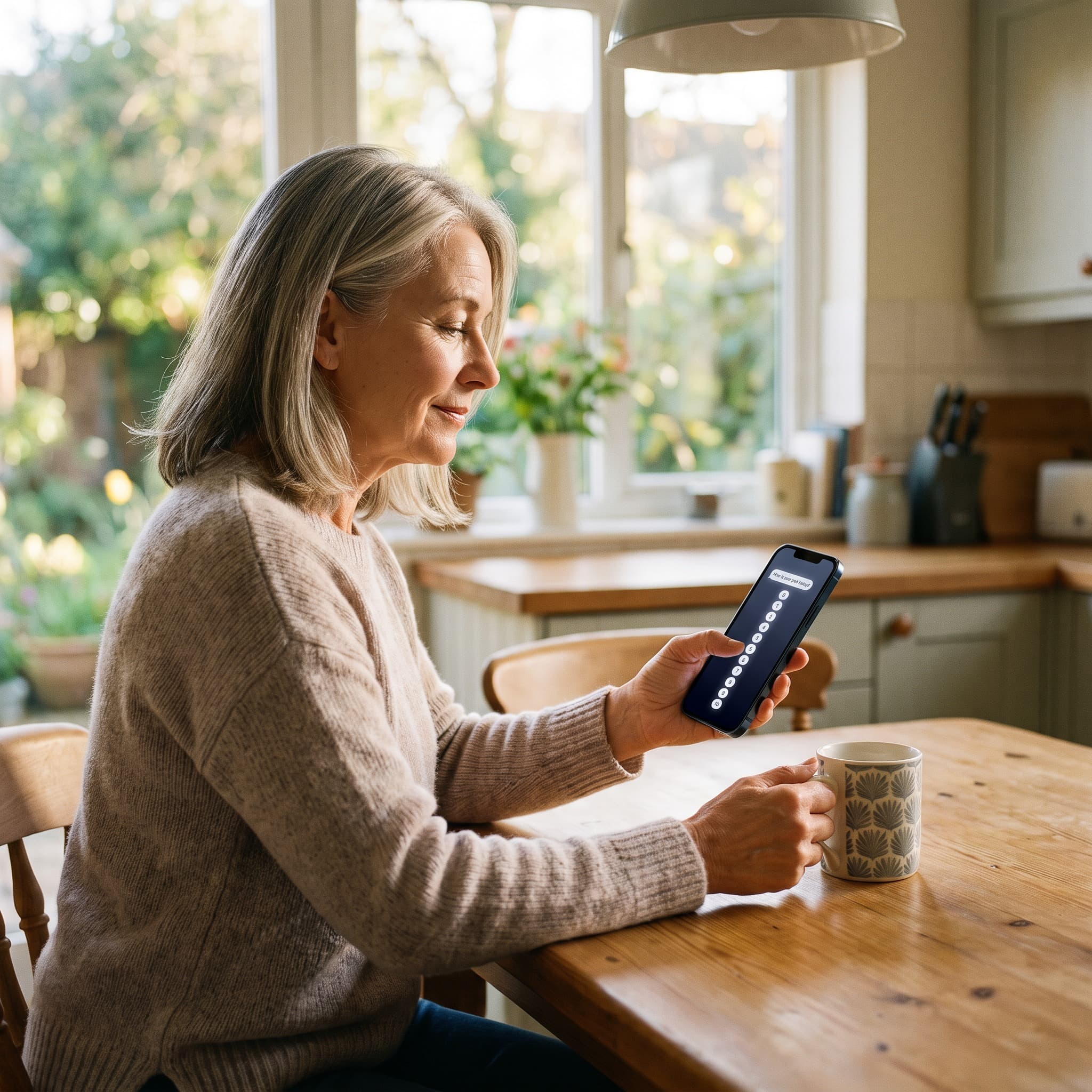 Woman answering a pain survey on her phone over morning coffee