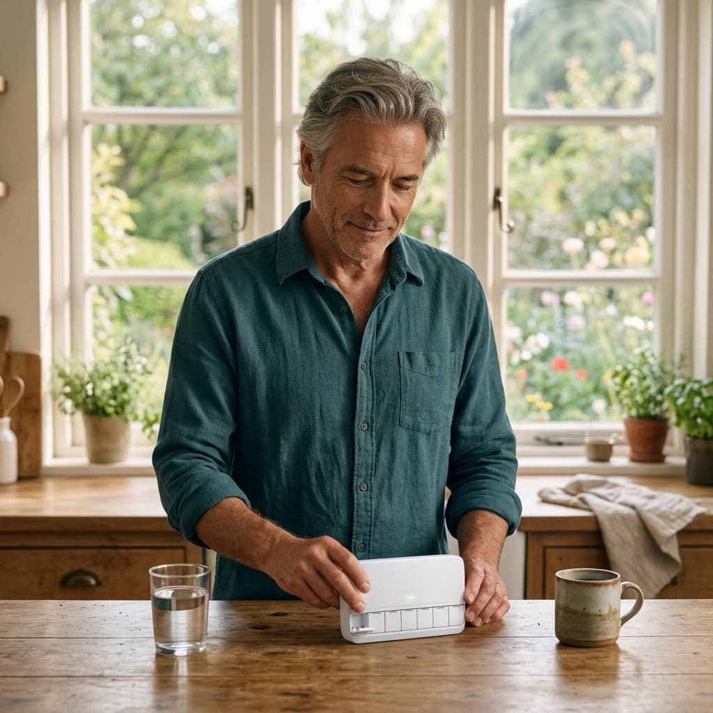 Man opening today's compartment of his smart pillbox at the kitchen counter