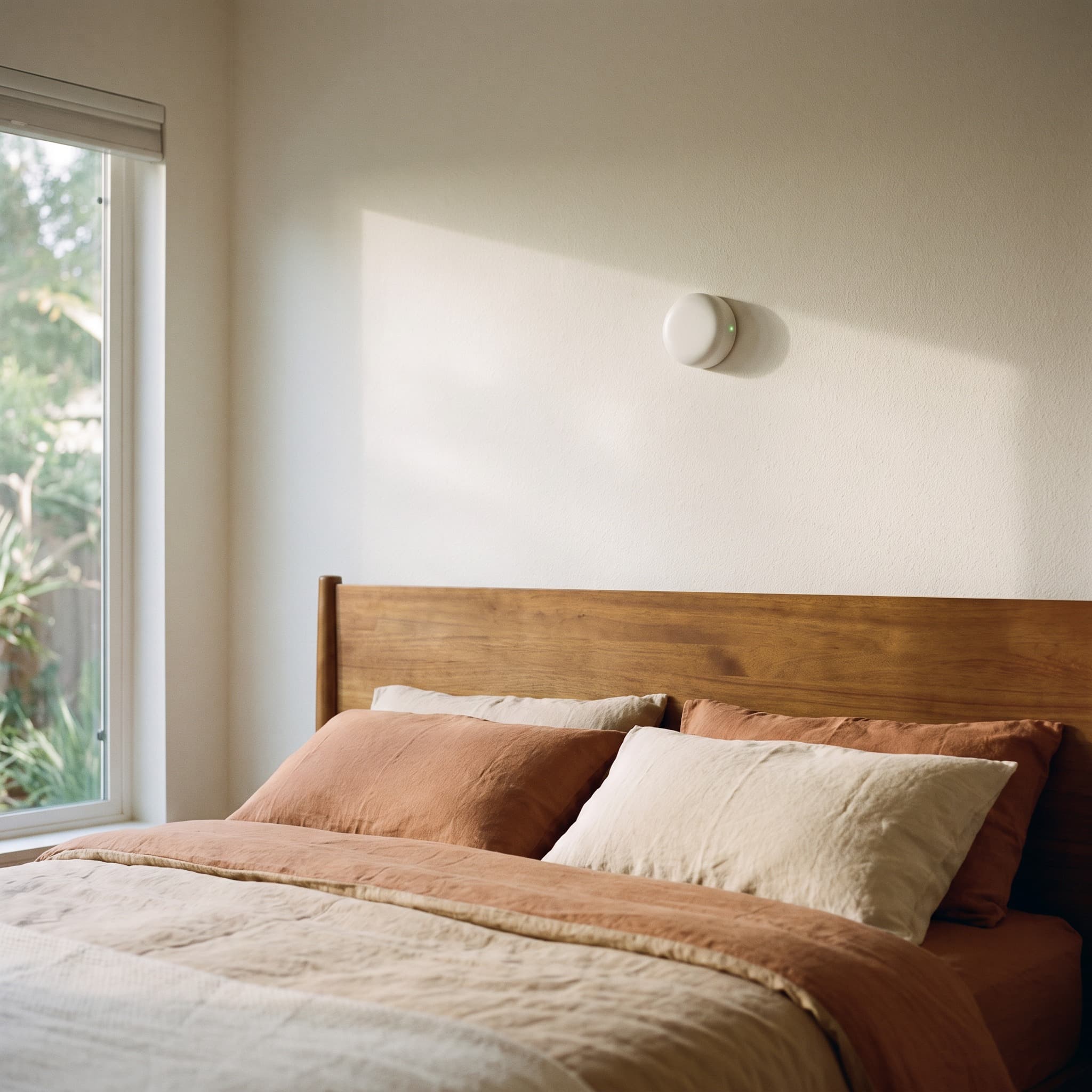 Contactless radar sensor mounted on a bedroom wall above the headboard