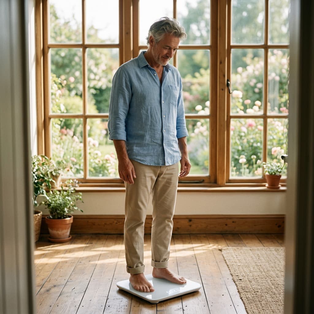 Man stepping onto a digital scale by a bright window