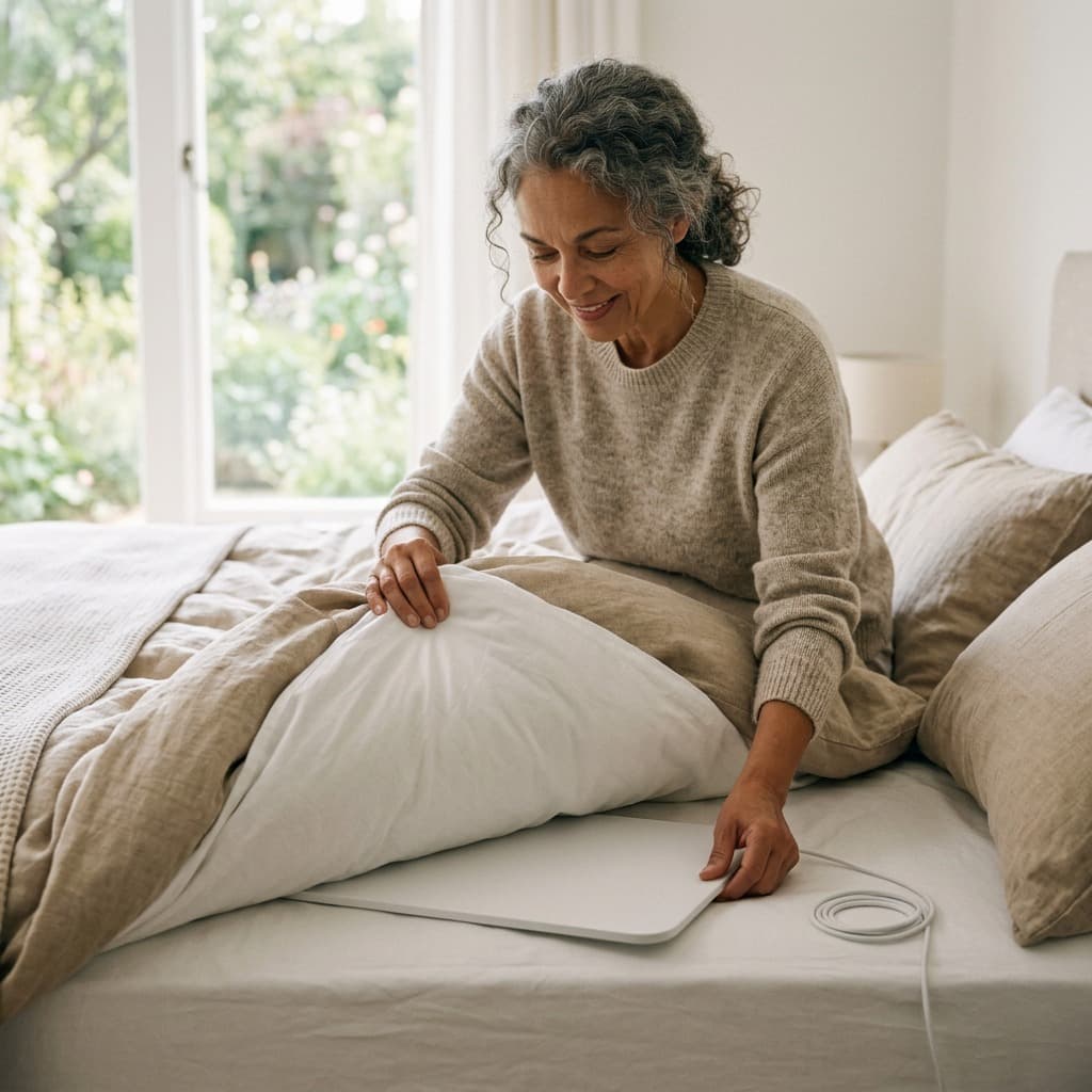 Woman making the bed in a serene bedroom, the sleep pad invisible under the mattress
