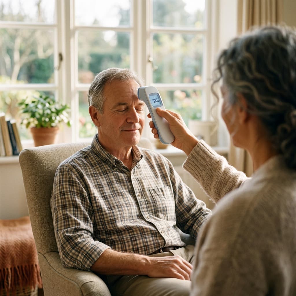 A couple at home taking a forehead temperature reading