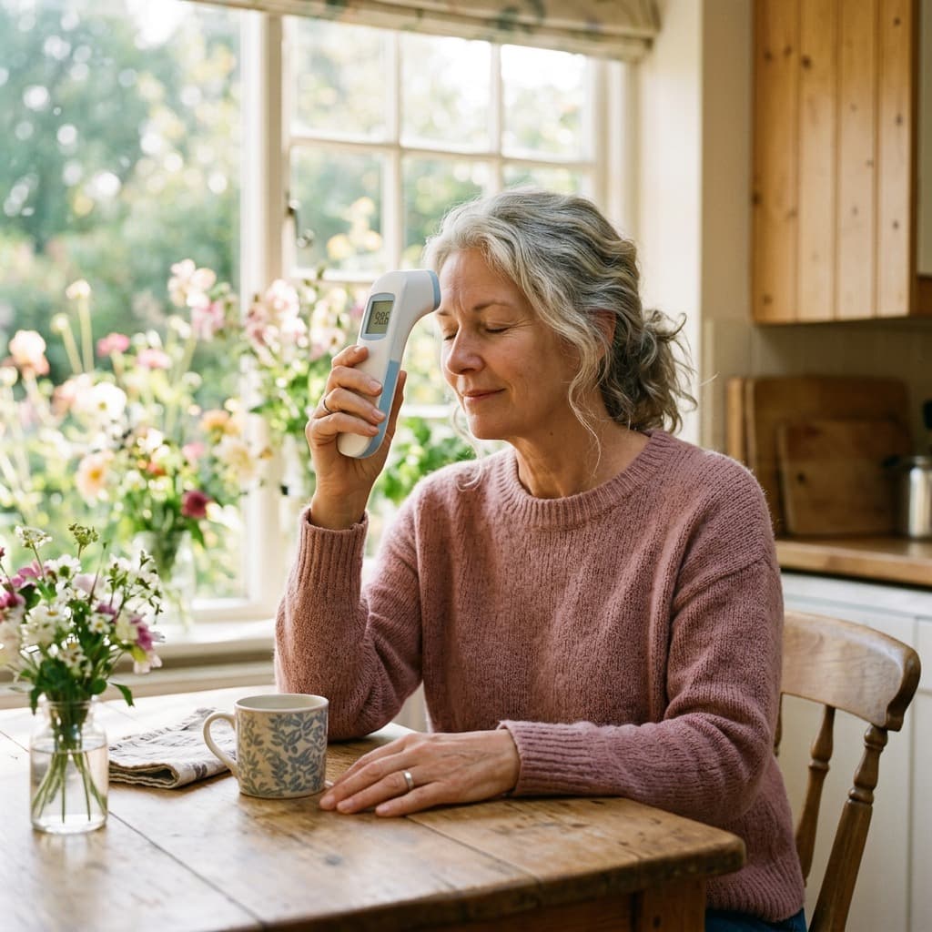 Woman taking a forehead temperature reading in her kitchen