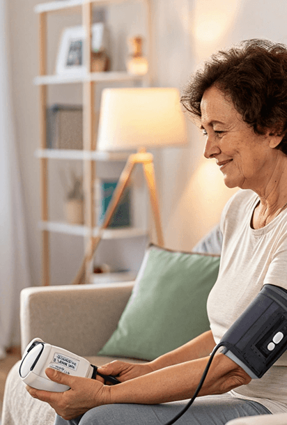 The patient takes her blood pressure at home