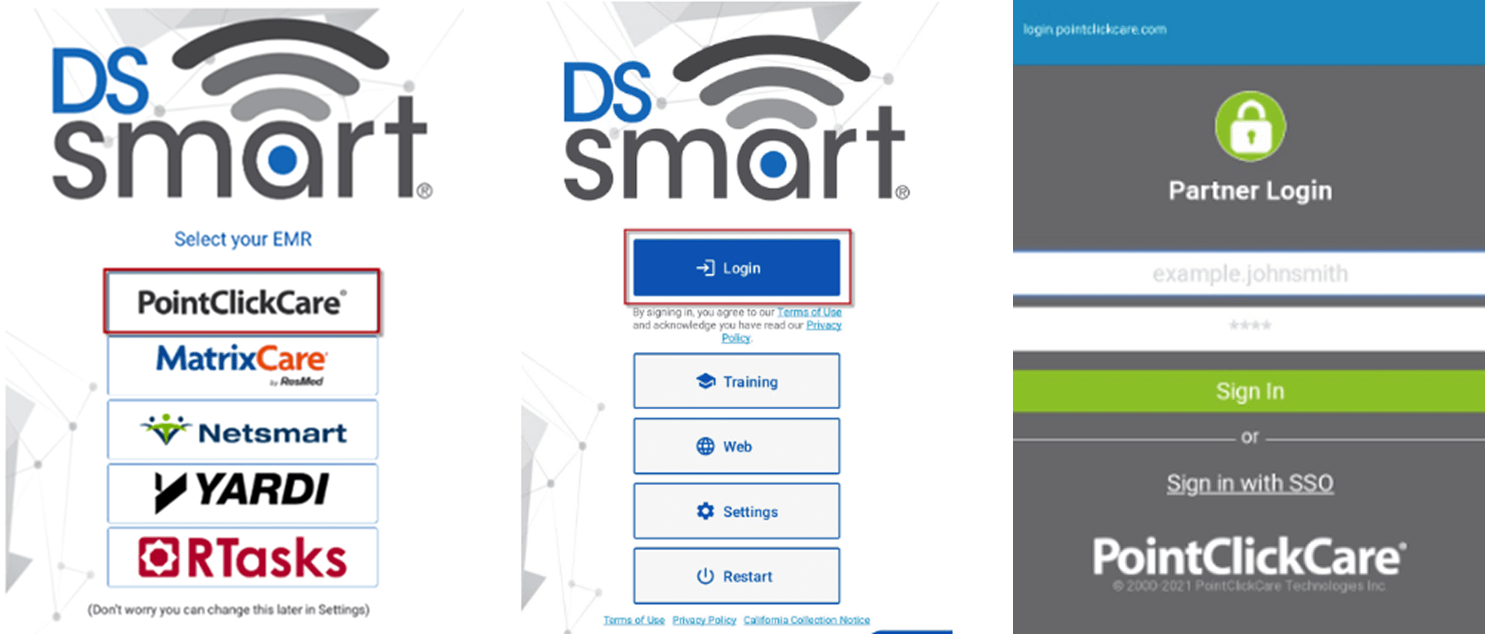 The DS Smart app screens a caregiver moves through to record vitals