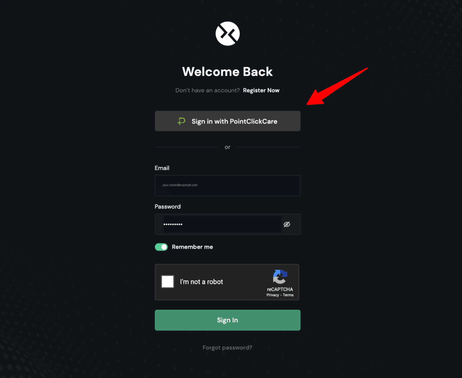 The Kardian dashboard sign-in screen, with the Sign in with PointClickCare button highlighted