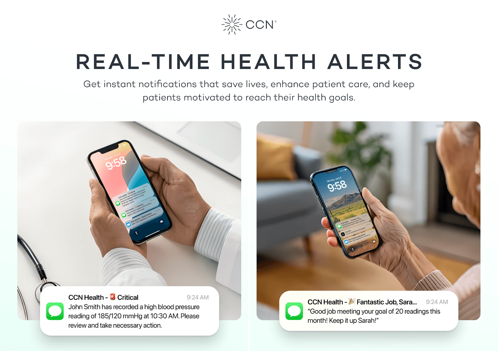 CCN Health real-time health alerts — critical alert and encouragement notifications on mobile